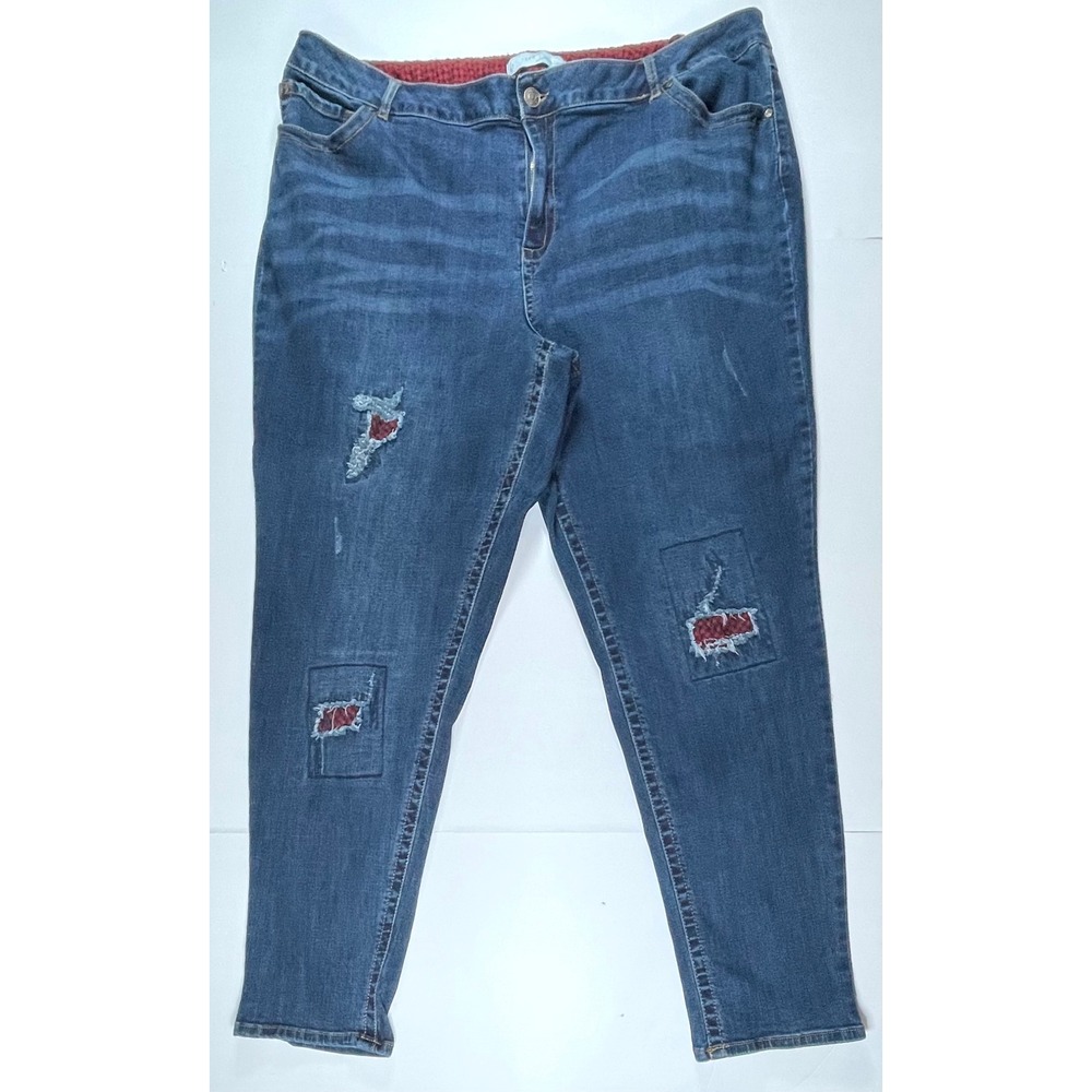 Cato Est. 1946 Denim Jeans Women 24W Blue Distressed Plaid Patch Mid Rise Skinny
